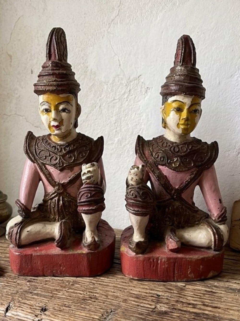 Antique Burmese Wooden Nat Statues (Pair) 8" Hand Carved Myanmar Spirit Guardi